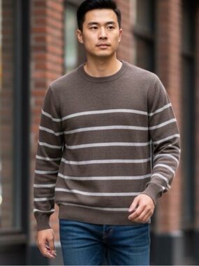 Neiman Marcus Sweater Men’s L Taupe Cashmere Cotton Striped Crewneck Pullover